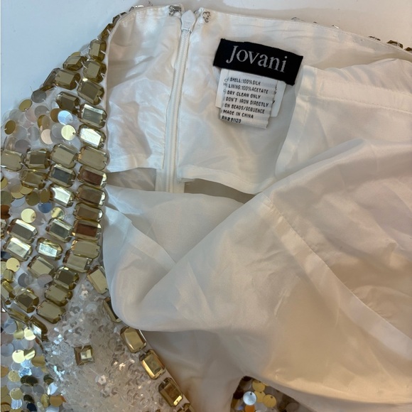 JOVANI Gold, Silver & White Sequin Beaded Halter Neck Gown - Picture 4 of 5